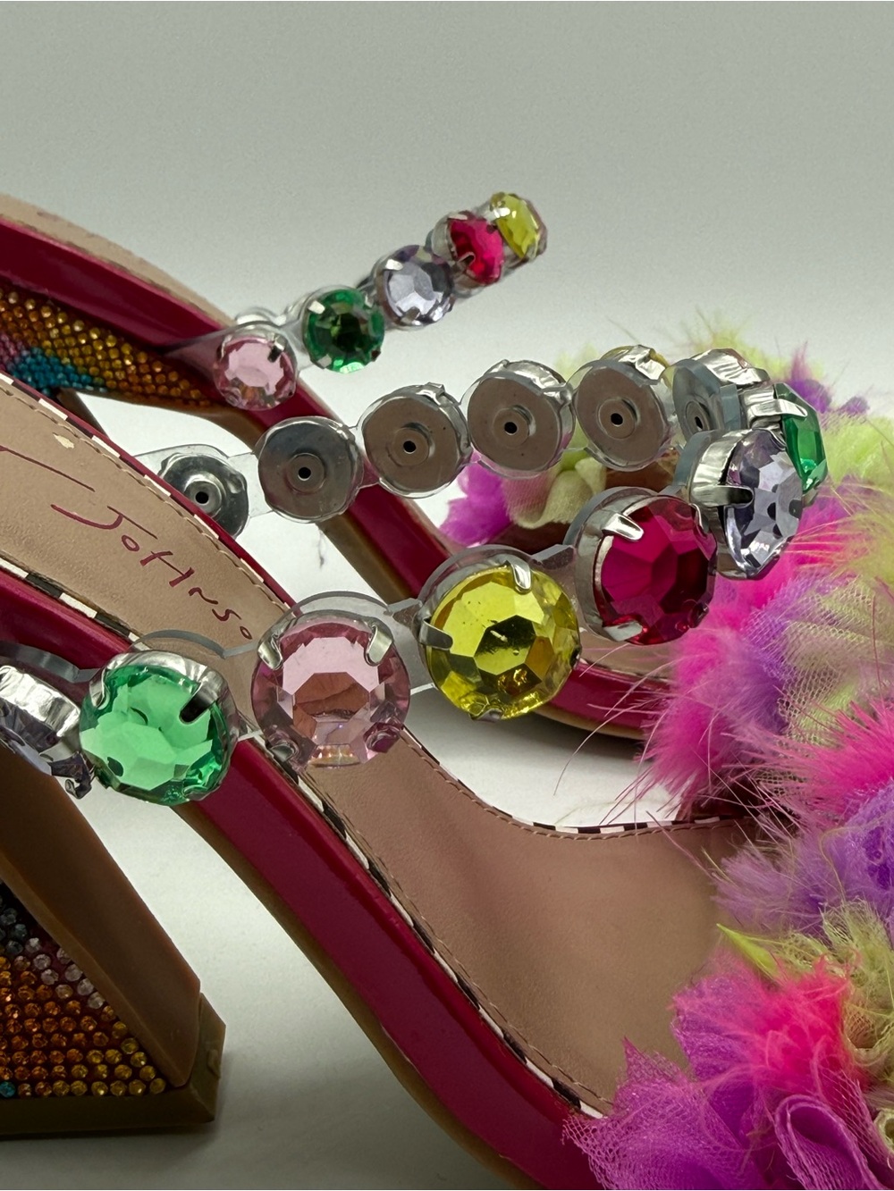 Betsey Johnson Attica Rhinestone Pink Embellished Sandals Pom Pom Statement Mule - Picture 17 of 17
